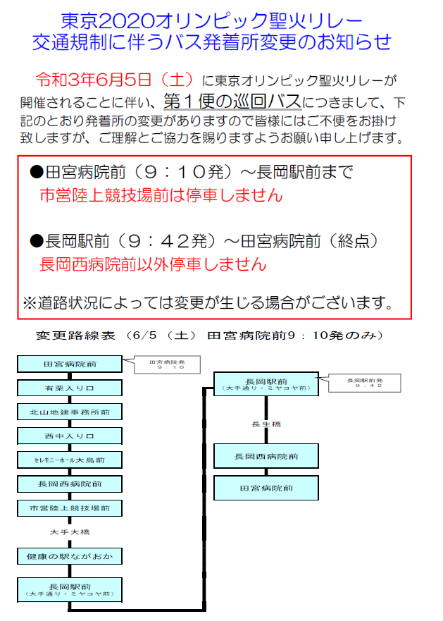 聖火リレー交通規制に伴うバス発着場変更のお知らせ 6月5日 お知らせ 医療法人 崇徳会 長岡西病院